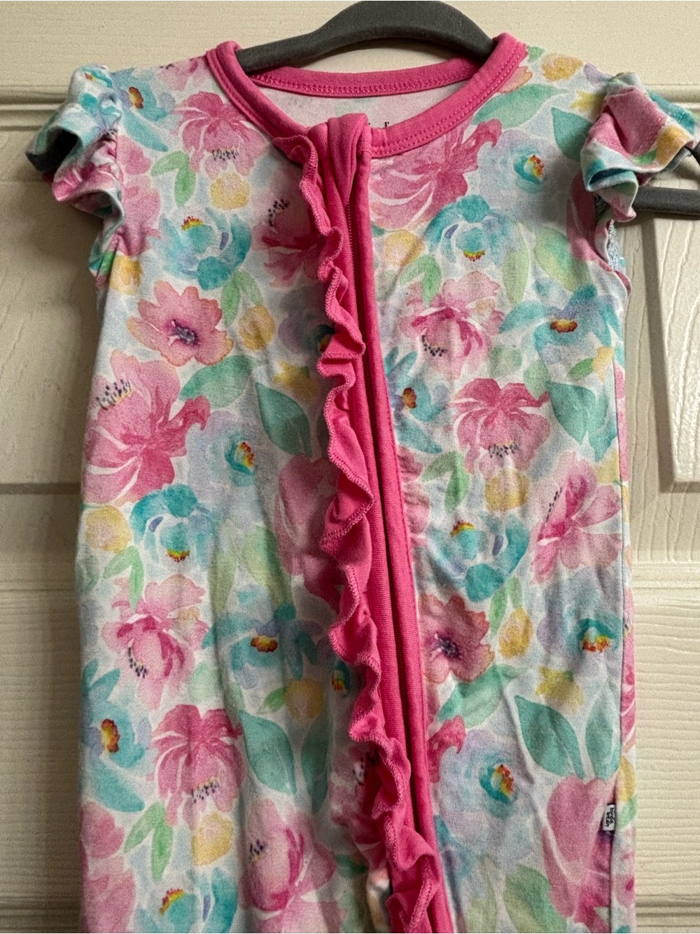 Birdie Bean Pink Bamboo Floral Ruffle-Front Kids One-Piece - Picture 2 of 4